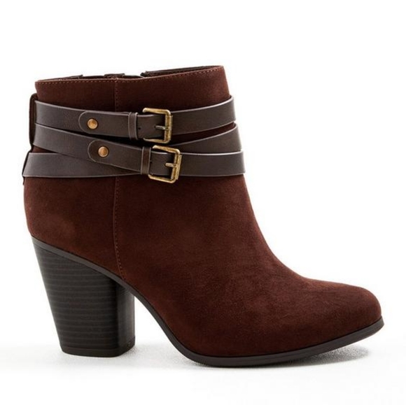 Torrid Extra Wide Width Brown Faux Suede Buckle Heel Booties - Picture 2 of 9